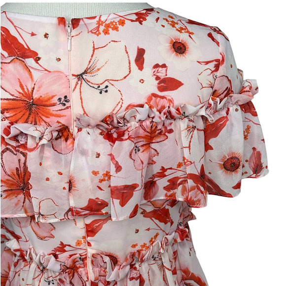 BADGLEY MISCHKA Floral Print Runway Dress SZ 2 Pink Ruffle Tiered Shift Dress - Picture 7 of 11